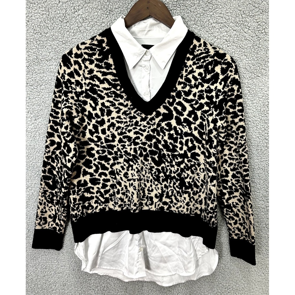 Tahari Sweater Medium Leopard Print Layered V Neck Preppy Career Chic Top